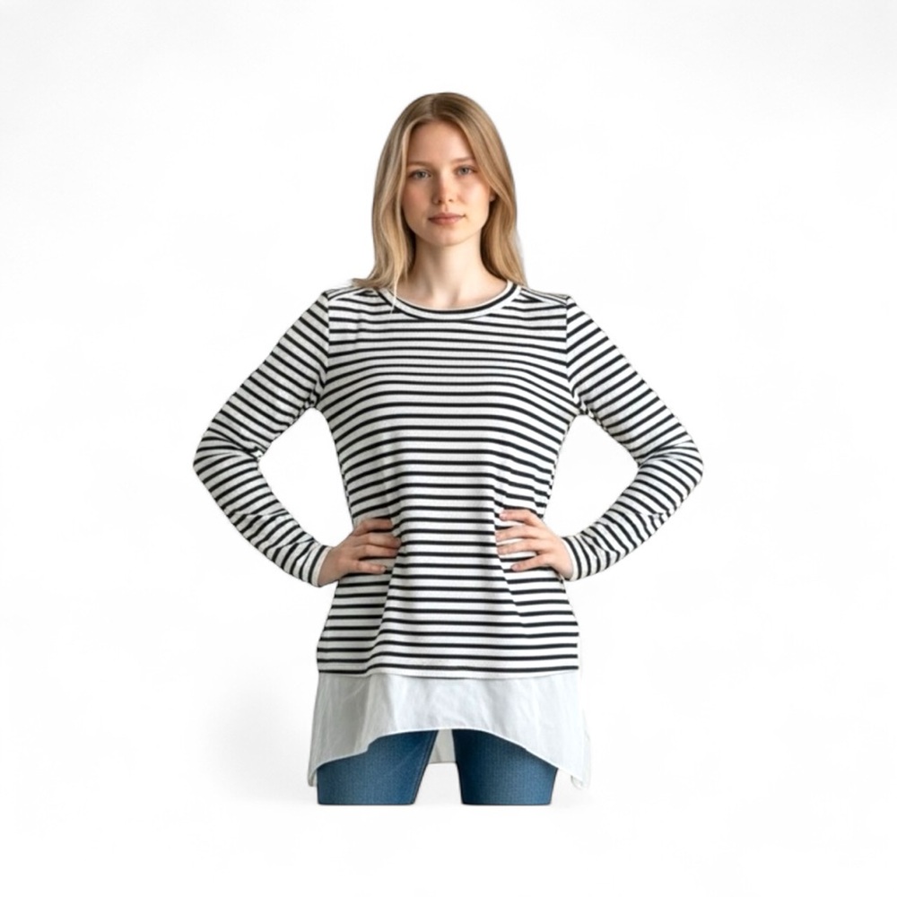 Bar III Black White Striped Long Sleeve Top with Layered Hem – Size M